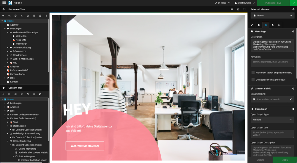 Neos CMS Backend Neos CMS Backend der bitloft Webseite
